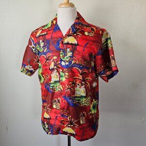 Vintage 1970s Hawaiian Polyester Tropical Beach Summer Button Front Shirt Red L‎